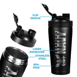 Military Gift Shop 24oz Navy Insulated Shaker Bottle with Engraved Logo–24oz Water Bottle–Cup for Protein Shakes - US Navy Gifts | Disabled USMC Vet Owned SMALL Business