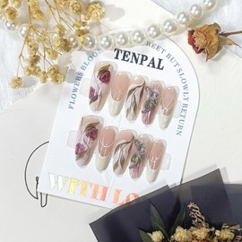 TENPAL French Tip Press on Nails With Rose Pattern Ballet Glue on Nails with Diamond Almond Soft Gel Fake Nails With 3D Charms Handmade Acrylic Glossy Nude Nails Press ons For Women Girls 10pcs/Box(S)