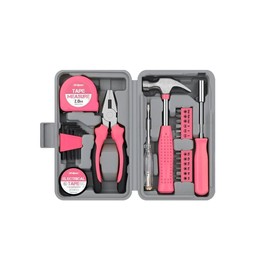 BULVOTO 24Piece Tool Set General Household Hand Tool Kit with Plastic Toolbox Storage Case Pink for woman-Include all essentials,college,apartment,room…