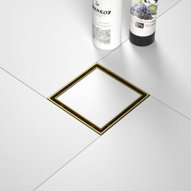 Bernkot Square Shower Drain 4", Brushed Gold Floor Drain with Tiled Insert Grate & Hair Strainer, 304 Stainless Steel Bathroom 2-in-1 Tiled in Drain, CUPC Certified (Brushed Gold, 4'')