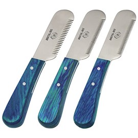 BRUTUL FIGHT Bee Dog Grooming Coat Stripping Knife Stripper Trimmer Tool Wooden Handle Stripping Knives Set of 3 With Stainless Steel Blade Non-Slip Tools for Grooming Dogs - Right Handed Tool (BLUE)