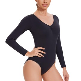 flexdans Women Long Sleeve Dance leotards, High Stretch Soft Dancewear Basic Dance Ballet Leotards for Adult 9149 Black M