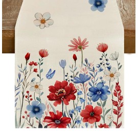 RABUSOFA 4th of July Table Runner,Flower Patriotic Memorial Day Kitchen Dining Table Decoration for Home Party Decor 13x72 Inch Red White and Blue Floral