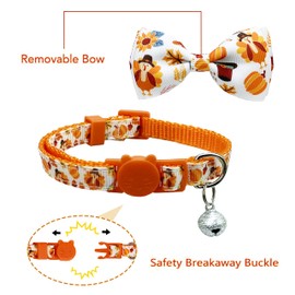 Pohshido Fall Cat Collar with bell, Kitty Kitten Autumn Thanksgiving Safety Breakaway Collar with Turkey and Pumpkin Spice Pattern(Adjustable Size from 7.8-12.8 inch) (Pattern C)