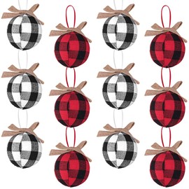 Christmas Decorations Tree Ornaments, 12pcs Buffalo Plaid Farmhouse Christmas Ornaments, Red Black White Country Xmas Decor Indoor, Cute Rustic Xmas Balls for Home Office Family Winter Holiday Party