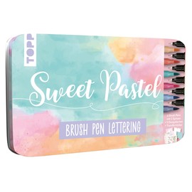 Brush Pen Lettering Design Tin Sweet Pastel Tin (19 x 11.5 cm), 6 Brush Pens with Fineliner Tip in Yellow, Orange, Pink, Light Green, Light Blue and Grey, 5 Design Paper Cards, 2 Transfer Sticker