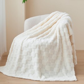 Wajade Fleece Throw Blanket, Fluffy Faux Fur Blanket for Bed Sofa Couch, Soft Cosy Warm Thick Blanket,Checkered White 127x178