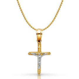14K Two Tone Gold Jesus Crucifix Cross Pendant with 1.2mm Flat Open Wheat Chain Chain Necklace - 16"