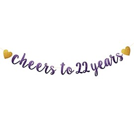 Betteryanzi Purple Glitter Paper Banner, Pre-Strung,22nd Birthday/Wedding Anniversary Party Decoration Supplies, Letters Purple Cheers to 22 Years