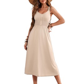 Dokotoo Womens Maxi Dresses Spring Summer 2025 Sleeveless Button Down Smocked Empire Waist Casual Cute Swing Long Dress Sundresses for Women Flowy Bohemian Beach Vacation Clothes Apricot Small