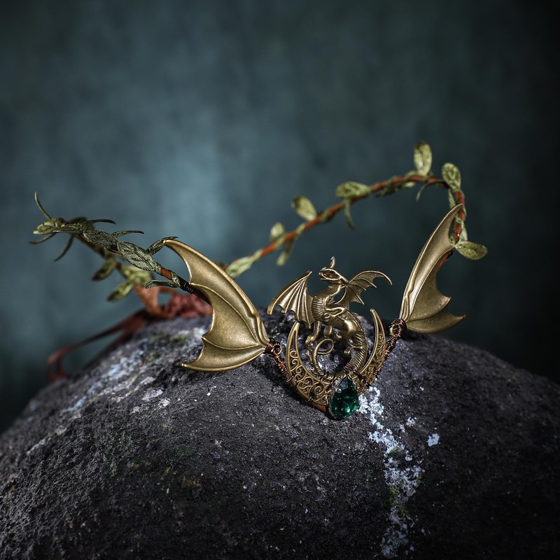 PartyforU Elfenblumenkrone mit Drachenmond für Cosplay, Bronze Elfen Kopfschmuck für