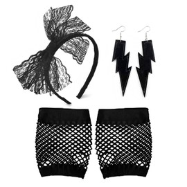 5 Pcs 80s Fancy Dress Costume Accessories, Lace Bow Headband, Black Fishnet Gloves, Earrings, Elastic Women's Neon Lace Headband Earrings Fishnet for Women Gloves 80s Retro Party