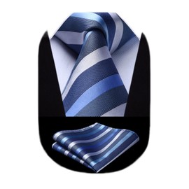 HISDERN Striped Tie for Men Handkerchief Woven Classic Men's Necktie & Pocket Square Set Steel Blue