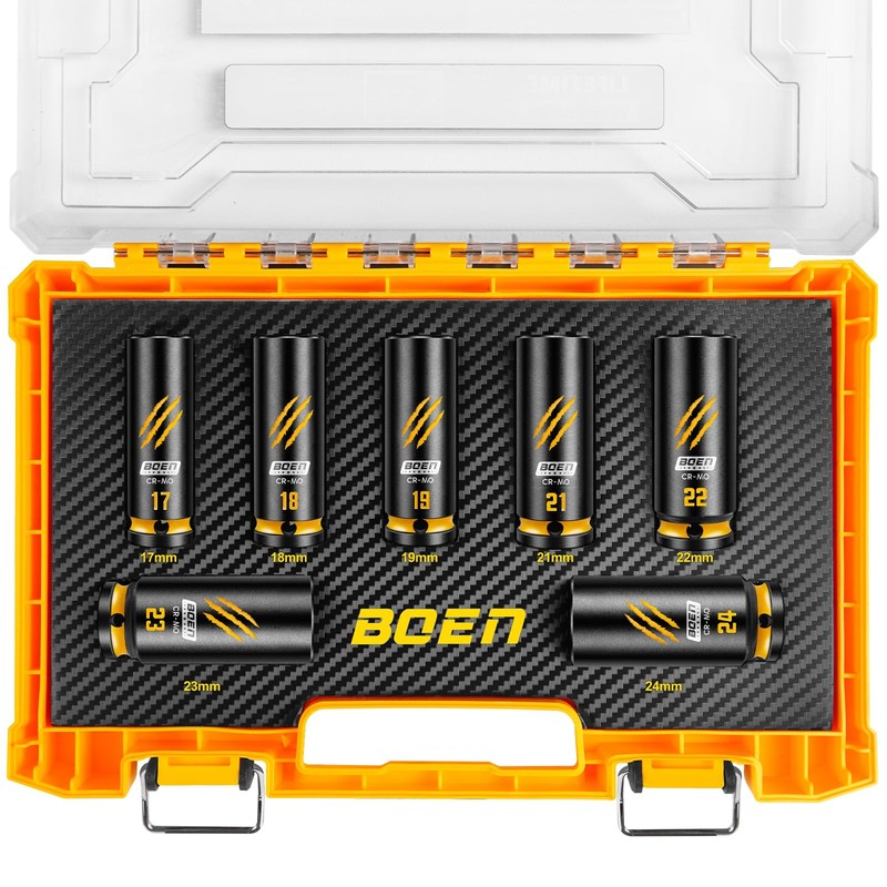 BOEN 7-Piece 1/2" Drive Impact Socket Set, Deep Metric Lug