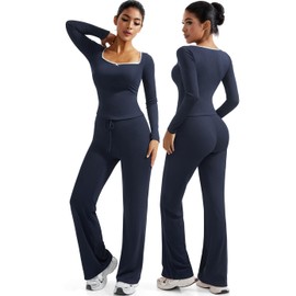 OMKAGI Womens Lounge Set Lace Square Neck Long Sleeve Tops Wide Leg Pants 2 Piece Outfits(M,212-Navy Blue)