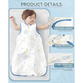 MOXTOYU Baby Sleep Bag, 100% Cotton Newborn Sleep Bag for Newborn Boys and Girls，0.5 Tog Baby Blanket, Sleeveless Swaddle Blanket with Two-Way Zipper, Moon and Star 6-12M