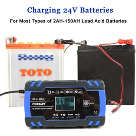 FOXSUR Car Battery Charger, 12V/24V 8Amp Intelligent Automatic Battery Charger/Maintainer Delivers 3 Stage Charging, with LCD Screen And have 6 Charging Mode, Suitable for More Types of Batteries-Blue