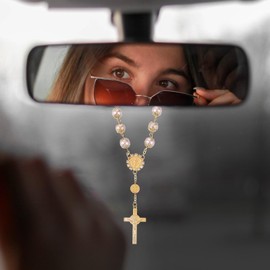 Cobee Car Rosary for Rearview Mirror, 2 Pieces Car Mirror Hanging Cross Auto Rosary Rear View Mirror Pendant Car Hanging Accessories Interior Decors for Women Men (Pink Gold)