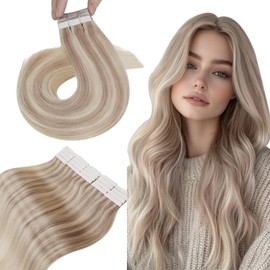Hetto Real Hair Tapes Blonde Hair Extensions Real Hair Tapes Thick Hair Extensions Real Hair Tape Remy Real Hair Extensions Tape Ash Blonde with Blonde #18A/613 40 cm 50 g