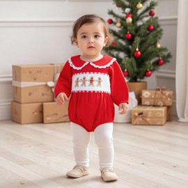 Santikisler Newborn Baby Girl Christmas Outfit Gingerbread Smocked Bubble Romper Peter Pan Collar Long Sleeve Bodysuit Clothes (Red, 3-6 Months)