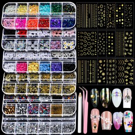 Teenitor Teenitor Nail Charms Nail Art Kit with 15 Sheets Gold Nail Stickers, 6 Boxes of Nail Gems Nail Art Tools Nail Rhinestones for Nails, Nail Supplies 3D Nail Charms and Gems Nail Decals Nail Pearls