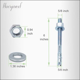 Horiznext 5/8"x 6" Wedge Anchor, for Cement and Concrete only, zinc-Plated Carbon Steel Screws and lag Bolts （ 10 pcs