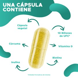 PROMINENT FLORA Probióticos + Prebióticos Vitamina D Cúrcuma Biotina Inulina 10 Billones UFC Microbiota Absorción de Nutrientes 60 Días