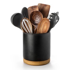 Nucookery 360°Rotating Utensil Holder, 7.2" Kitchen Utensil Crock, Ceramic Cooking Utensil Organizer with Countertop-Protection Cork Bottom for Farmhouse Kitchen Decor Christmas (Stone Black)