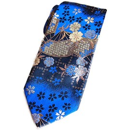 [Shikisai Shop] Finest Japanese Pattern Necktie, Brocade, Gold Ochi, Special Piece, Handmade in Japan, Nishijin Weaving, Perfect for Weddings (Blue and Black Fan), Blue and White Fan