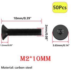 Qrity Pack of 50 Countersunk Screws M2 x 10mm Machine Screws Carbon Steel Hex Screw Threaded Screws Black Torx Screws