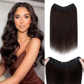 Benehair Clip in Hair Extensions V-Shaped Straight Human Hair Extensions Invisible 5 Clips One Piece Hairpieces for Women Full Head Thick Hair Pieces 18inch Dark Brown #2