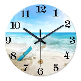 XNM Oversized Wall Clock for Bedroom 24 Inch Round Silent Wall Clock Battery Operated Glass Beach Blue Clock for Wall