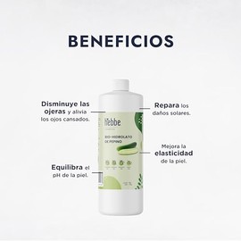 HEBBE - Hidrolato de Pepino 1 L | Disminuye Arrugas y Ojeras | Alivia Ojos Cansados | Desinflama y Evita Enrojecimiento | Reparador de Daños Solares |
