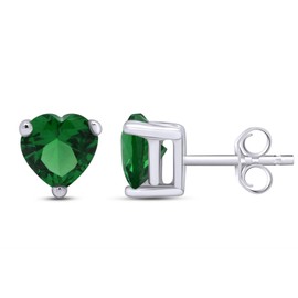 Heart Shape Simulated Green Emerald Stud Earrings In 14K White Gold Over Sterling Silver