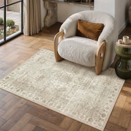 PureCozy 4x6 Beige Washable Area Rug Non Slip Vintage Carpet