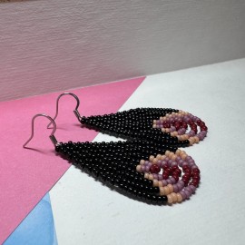 Handmade Black Brick Red Old Rose Pink Tear Drop Seed Bead Earrings 1.75” Drop Handmade