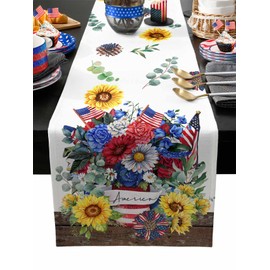 Linen Table Runner,Independence Day Patriotic Flower Eucalyptus Leaf Dresser Scarf Kitchen Dinning Tabletop Covers Decor for Indoor Outdoor Party Holiday Wedding USA Flag Wood,13x70in