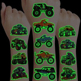 96 PCS Monster Truck Race Car Pre-Cut Temporary Tattoos for Kids | Super Cute Themed Birthday Party Favors, Supplies, Decorations, Fake Tattoo Stickers (Luminous)