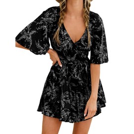 Relipop Women's Summer Romper Floral V Neck Short Sleeve Waist Tie Knot Ruffle Hem Short Casual Rompers Jumpsuits