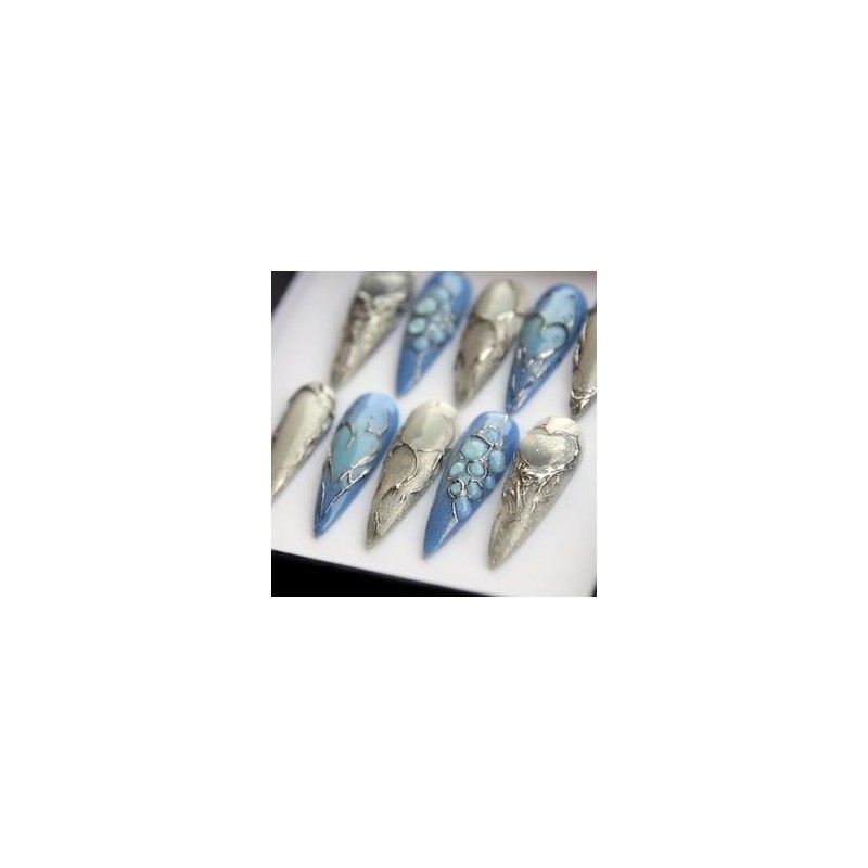 Blue Chrome Press Ons Y2K Metal Silver Abstract 3D Nails