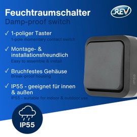 REV 0004310400 AquaStorm Push-Button Light Switch, Wet Room, IP55 Single Pole, Flush-Mounted, Anthracite