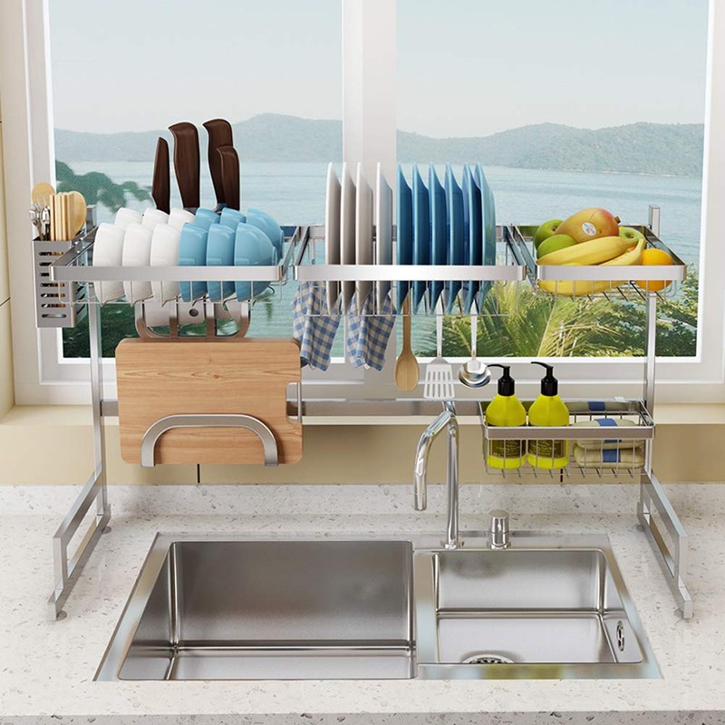 Stainless Steel Dish Drying Rack Over Kitchen Sink, Dishes and