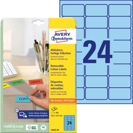 Avery L6032-20 Coloured Labels Laser 63.5 x 33.9mm - Blue (480 Labels - 24 Per Sheet)
