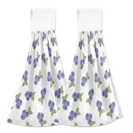 Blueangle Set of 2 Blueberry Hanging Tie Towels Kitchen Hand Towel Absorbent Soft Coral Velvet Dish Wipe Cloth for Kitchen Bathroom