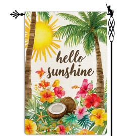 Jauageon Hello Sunshine Garden Flag Summer Holiday Garden Flag Coconut Hibiscus Vertical Double Sided Rustic Farmland Burlap Yard Lawn Outdoor Decor 12.5x18"
