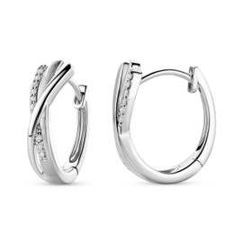 Miore 925 Sterling Silver Crossover Hoop Earrings with 9 Clear Zirconia Crystals for Women, 6 x 16.5mm