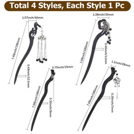 CABODYALS 4Pcs 4 Styles Black Natural Wood Hair Sticks Headdress with Silver Tassel Retro Chinese Style Wooden Carved Bead HairPins Chopsticks Accessories Bulk for Women Long Hair Bun Hanfu Outfit