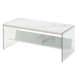 Convenience Concepts SoHo Glass Coffee Table with Shelf, White Faux Marble/Glass