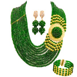 aczuv Crystal Royal Blue Beads Jewelry Set African Necklaces for Women Nigerian Wedding Jewelry Sets (Dark Green)