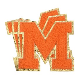 MECCANIXITY 3Pcs Chenille Letters Patches Large Size 3.15"x3.35" Iron-on Letters M Golden Glitter Embroidered Patches for Clothing, Shoes, Hats, Backpacks (Orange)